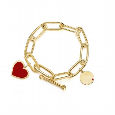 Red Enamel Heart and Disc Link Bracelet