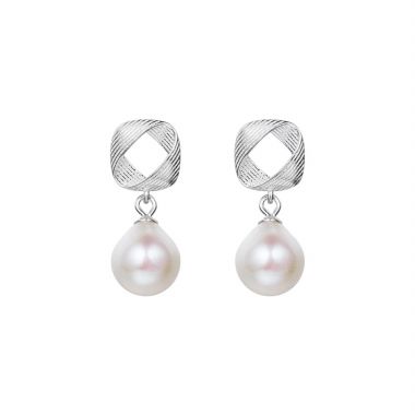 Silver-plated Hollow Square Brushed Textured Pearl Stud Earrings