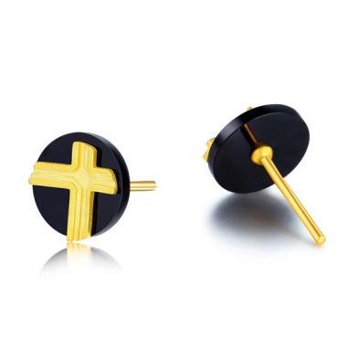 Cross Lightning Symbol Black Round Stud Earrings