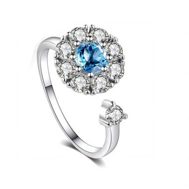 Diamond Halo Blue Topaz Open Ring