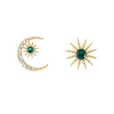 Emerald Zircon Sun and Moon Stud Earrings