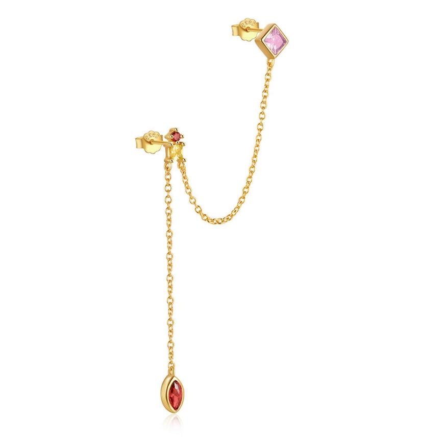 Double Pierced Ear Chain Colorful CZ Earrings