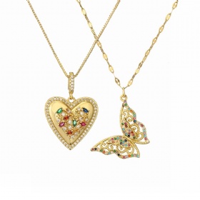 Colorful CZ Heart Butterfly Pendant Necklace