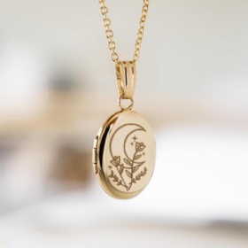 Moon Flower Oval Locket Pendant Necklace