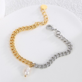 Two-tone Cuban Chain Pearl Bracelet