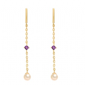 Long Chain Amethyst Pearl Earrings