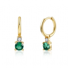 Round Emerald CZ Drop Hoop Earrings